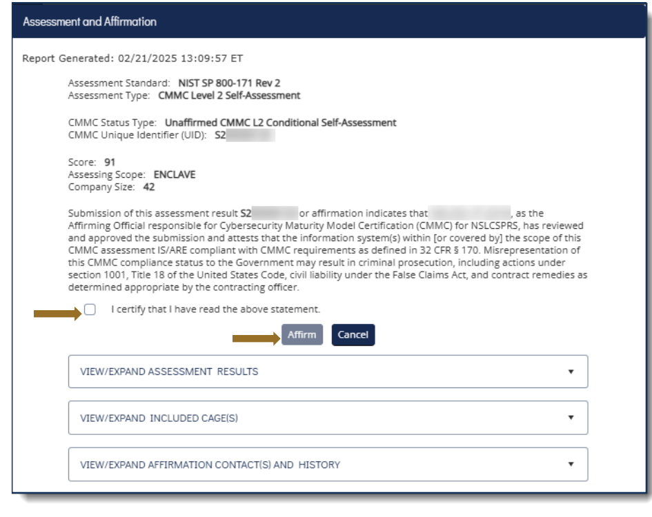 SPRS affirmation screen — the Affirming Official certifies the statement (with False Claims Act language) and clicks Affirm