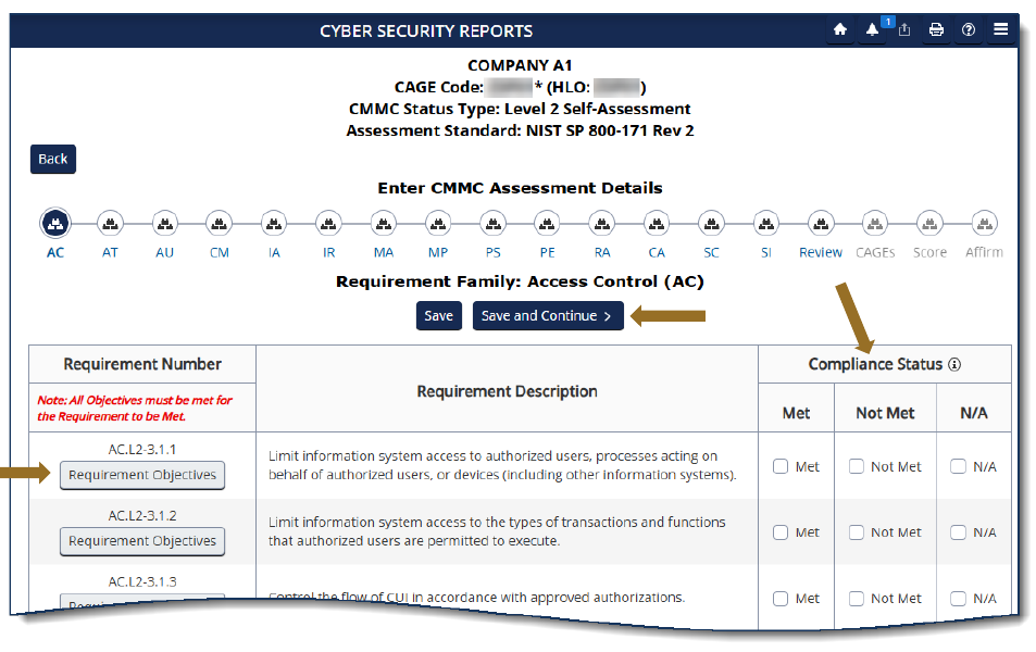 SPRS CMMC Level 2 self-assessment requirement entry — Met / Not Met / N/A per requirement